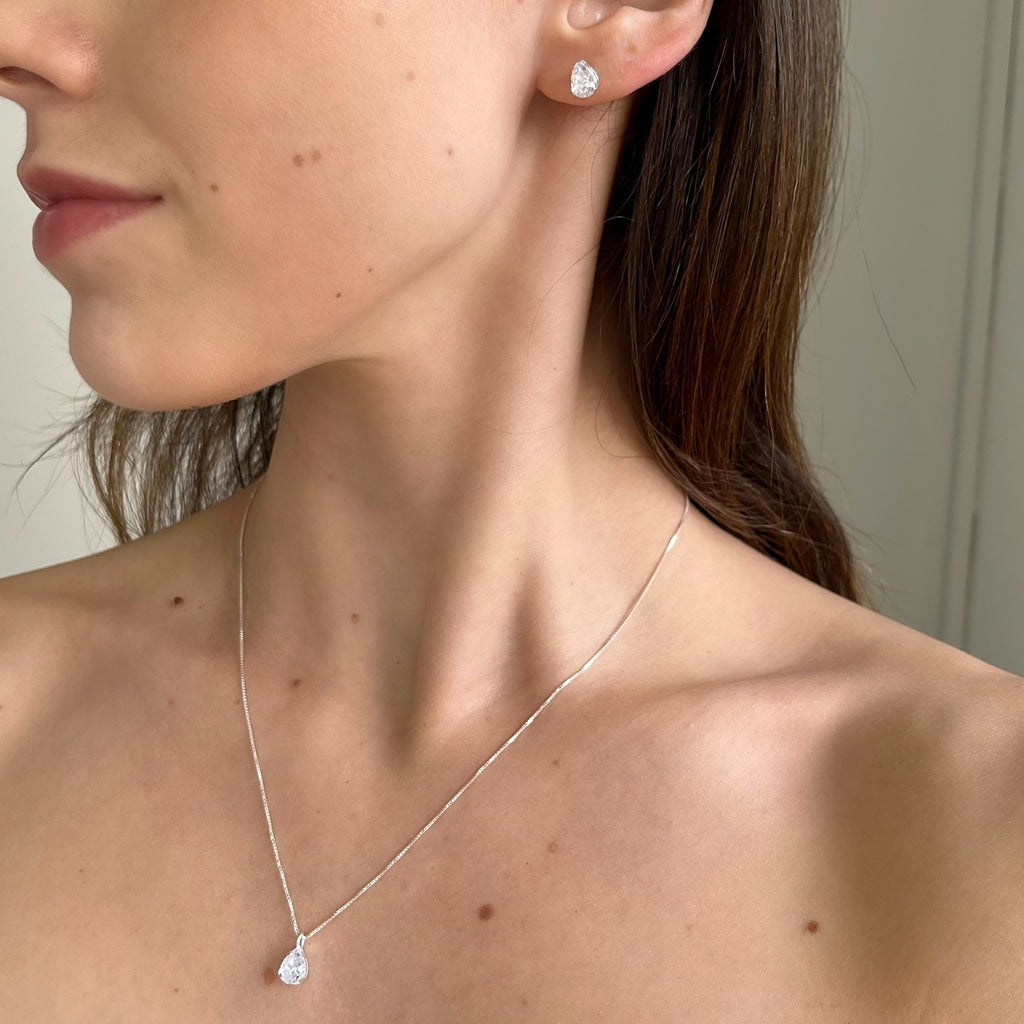 Conjunto de Prata 925 Gota Zircônia Branca