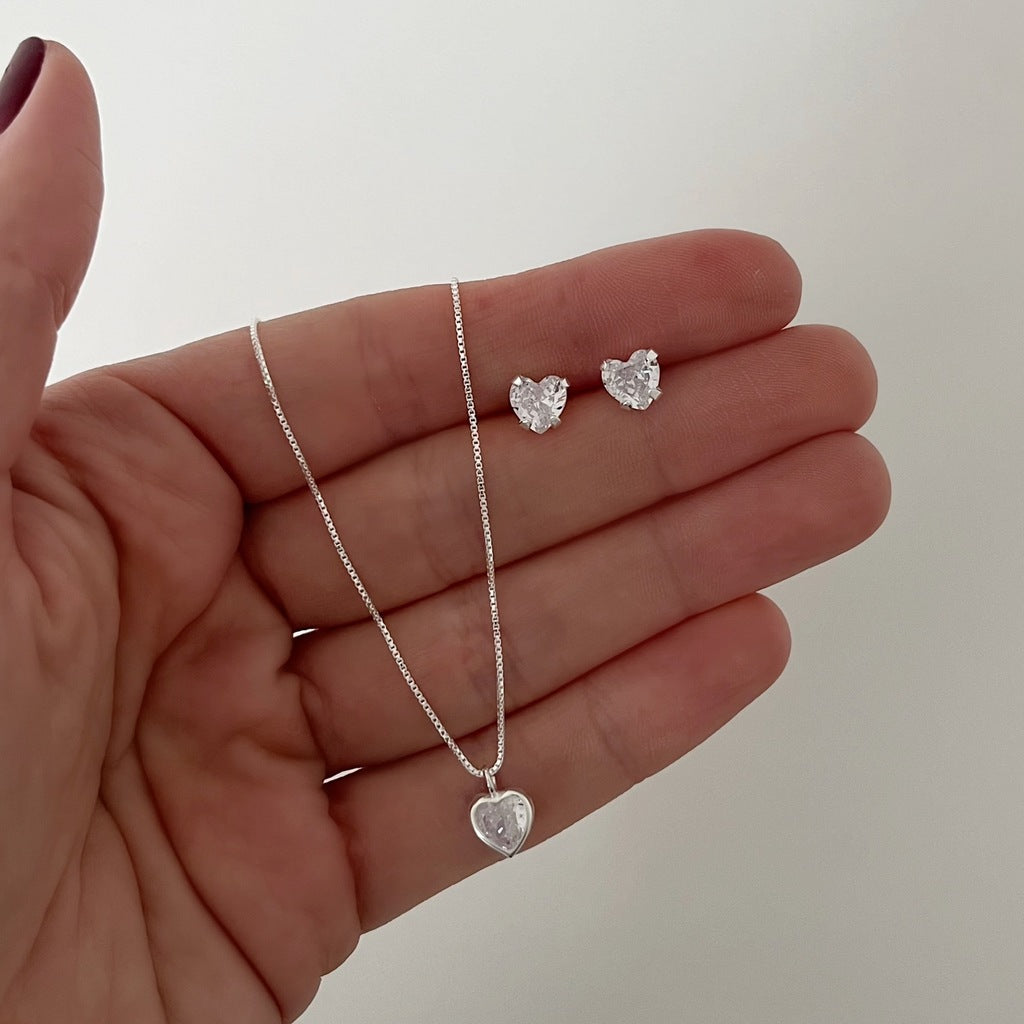 Conjunto de Prata 925 Coração Delicado Zircônia Branca