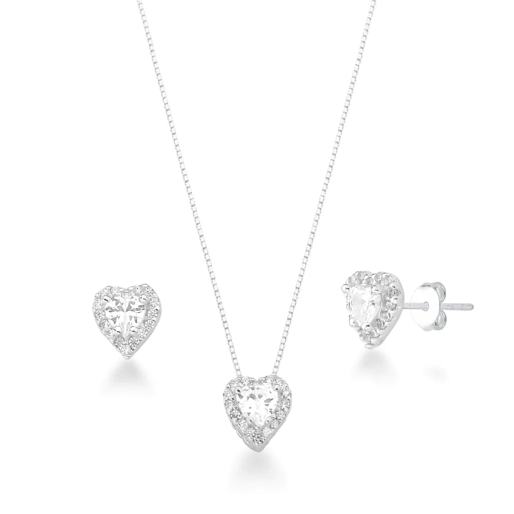 Conjunto Coração Cristal Cravejado de Prata
