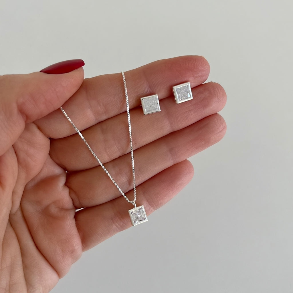 Conjunto de Prata 925 Zircônia Quadrada Branca Cravação Inglesa