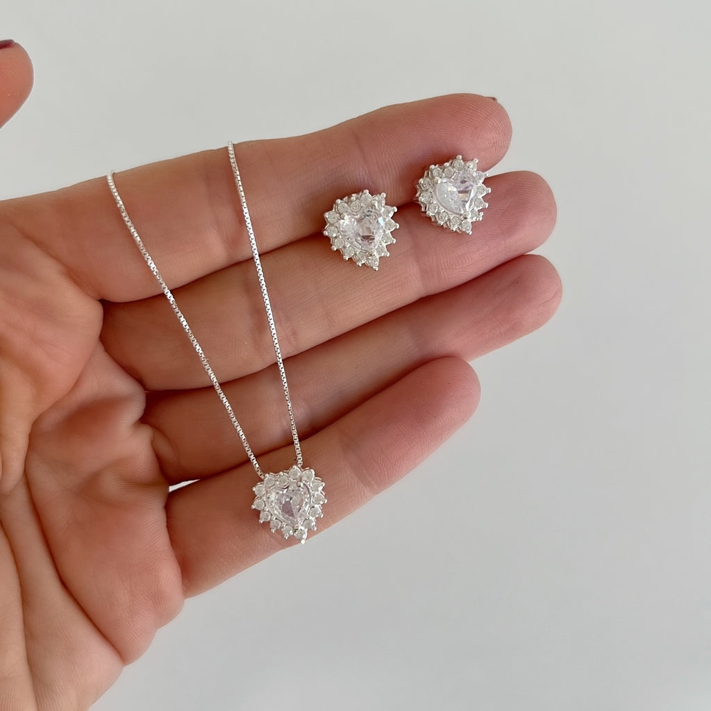 Conjunto de Prata 925 Coração Cravejado Com Zircônia e Pontos de Luz Branco