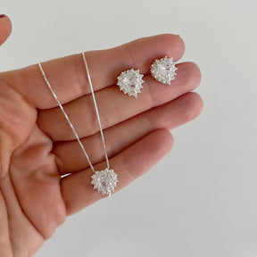 Conjunto de Prata 925 Coração Cravejado Com Zircônia e Pontos de Luz Branco