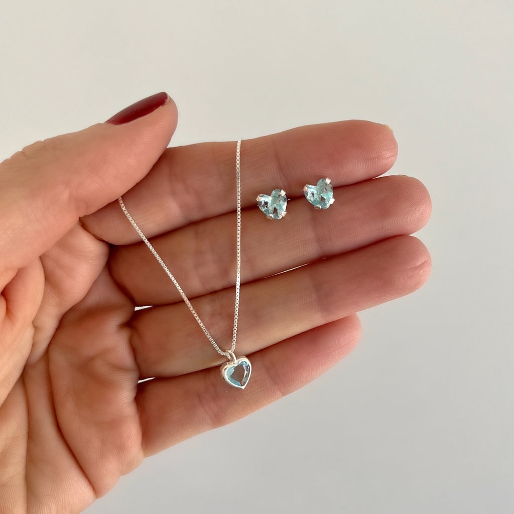 Conjunto de Prata 925 Coração Delicado Zircônia Azul Claro