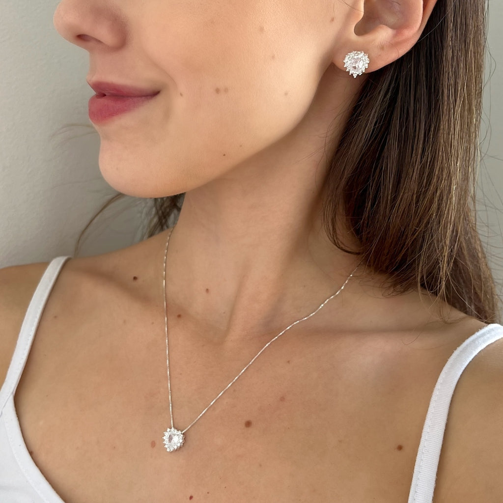 Conjunto de Prata 925 Coração Cravejado Com Zircônia e Pontos de Luz Branco