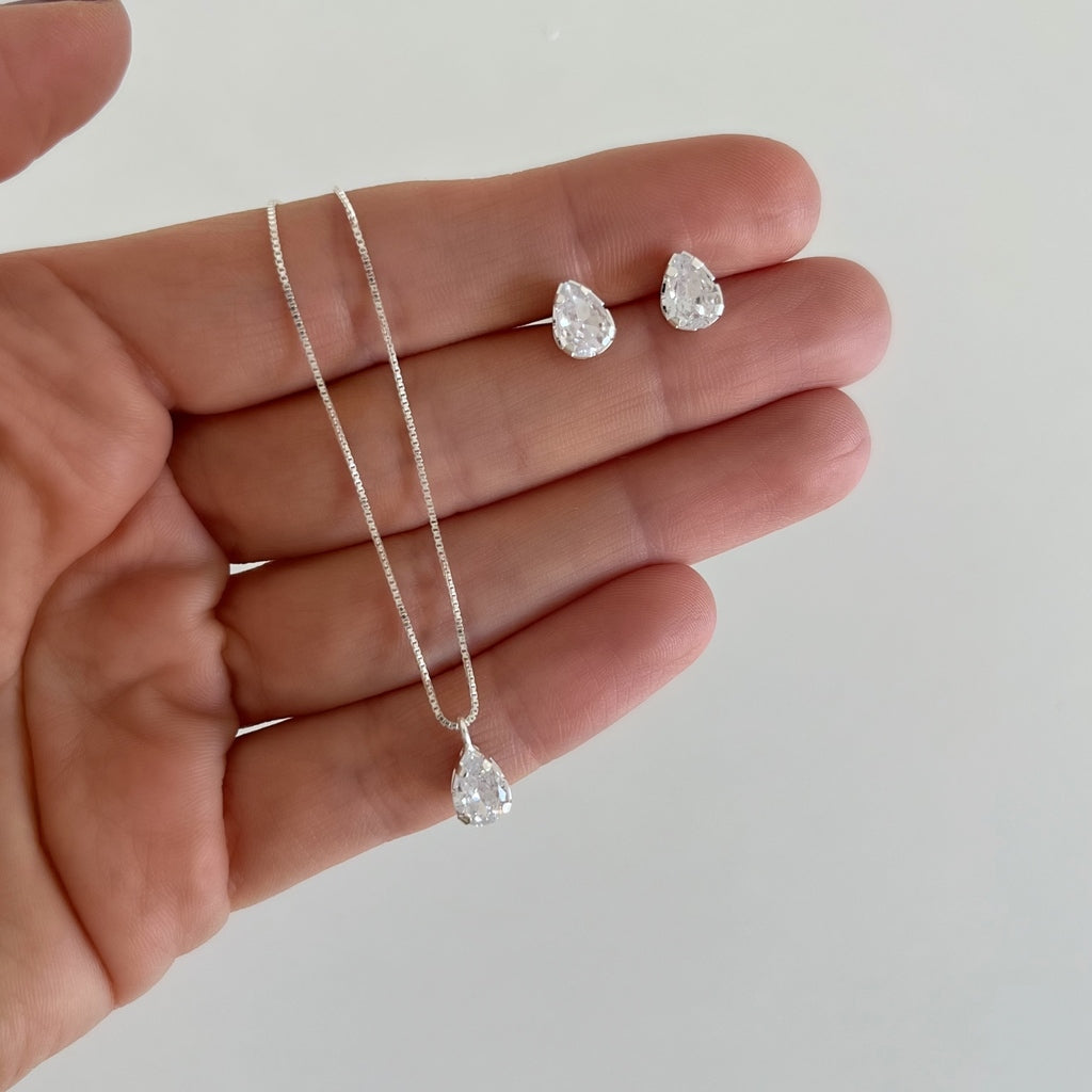 Conjunto de Prata 925 Gota Zircônia Branca
