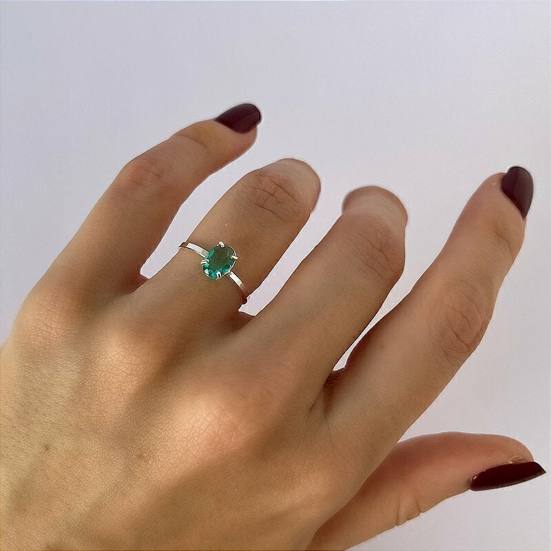 Anel de Prata 925 Solitário Zircônia Oval Verde Turmalina
