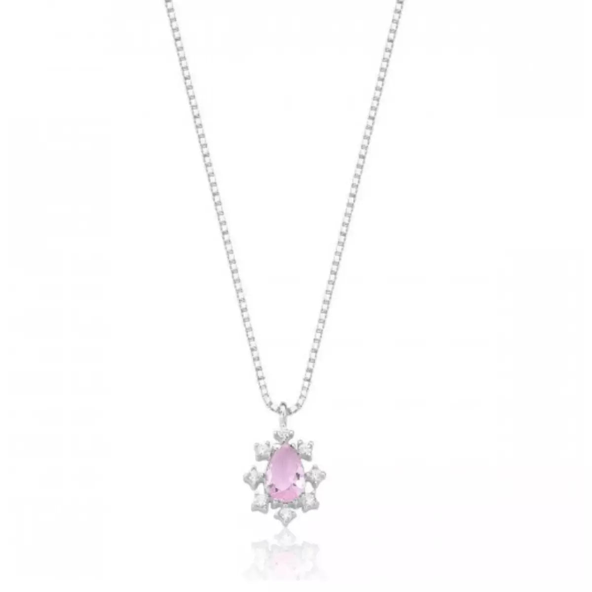 Colar de Prata 925 Gota Rosa Cravejado
