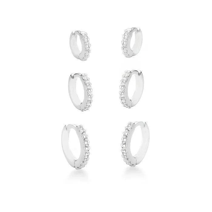 Trio de Brincos de Prata 925 Argolinhas Cravejadas